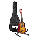 MAX SoloArt - 1/4 Gitarre Kinder ab 3 Jahre - Akustik Gitarre inkl. Gitarrenständer, Tasche, Plektrum, Gurt und Saiten-Zubehör, Kindergitarre 3 Jahre - Guitar in Sunburst