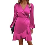 Abendkleid Damen Knielang Wickelkleid Damen Elegant Langarm Kleider Hochzeitsgast Cocktailkleid A Linie Kleid Rüschen Winterkleid V Ausschnitt Abendkleider Herbst Frühlingskleid