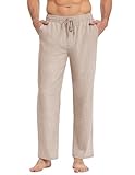 COOFANDY Herren Hose mit Kordelzug Leinenhose Leichte Sommerhose Strandhose Freizeithose Elastische Taille Lang Dünne Hosen Männer Stoffhose Hose mit Taschen Khaki XL