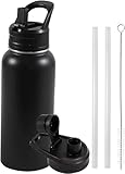 Thermoskanne Edelstahl, Thermoskanne 1L Metall Thermosflasche mit Aufkleber, 36H Kalt & 24H Heiß Auslaufsicher Isolierflasche,Strohhalm & Auslauf Deckel (2 Deckel), BPA-Frei,Kaffee & Tee Geeignet