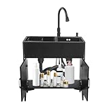 Spülenschrank 75 * 41cm Diamond Doppelspüle + Ausziehbarer Wasserhahn (Abtropfkorb, Unterbau und anderes komplettes Zubehör + Ausziehbarer Wasserhahn (Platte)-Schwarz