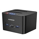 FIDECO Festplatten Dockingstation, USB 3.0 Dualschacht Festplatten Docking Station Offline Klonfunktion für 2,5 Zoll & 3,5 Zoll HDD SSD SATA, Unterstützt TF & SD Karte, Unterstützen UASP