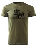 HUNT-G61 - T-Shirt für Jäger - Tshirt Herren - aus Baumwolle, Bequeme Passform - Jagd Geschenke, Geschenk für Jäger, Förster - Grün, mit Motiv Wildschwein - XL