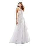 JACTZ Brautkleid Neckholder Ärmellos Bodenlang Vintage Brautkleider Spitze A-Linie Sexy Backless Weiß Braut-White,6