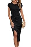 Jiraewh Damen Sommerkleid ärmelloses Twist Enges Bodycon Bleistiftkleid Figurbetontes Elegantes Hochzeitsgast Midi Wickel Kleider mit Schlitz（6021-BK-L）