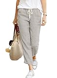 Hose Damen Leinen Sommerhose 7/8 Casual Leichte Baumwolle Leinenhose Stoffhose Bequeme Luftige Freizeithose Strandhose Mit Taschen (Grau, L)