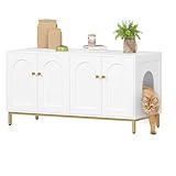 Hzuaneri Katzenschrank für 2 Katzen, 119cm Versteckte Katzentoilettenmöbel, Hölzernes Haustierhaus, Aufbewahrungsschrankbank, Passend für die Meisten Katzentoilettenkä, Weiß und Gold CB82313A