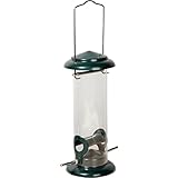 dobar® 11516 Kompakte Vogelfuttersäule mit Anflugstangen - Wildvogelfutterspender für Sämereien - Vogelfutterstation Metall - Futterspender in Garten/Terrasse/Balkon - Ø 9,5 x 23 cm - Grün