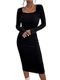 GORGLITTER Damen Strickkleid Lang Figurbetontes Kleid Langarm Strickkleider Damen Herbst Rippenstrick Pullover Kleid Sweatkleid Knielang Schwarz M