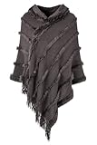 Ferand Poncho Damen mit Kapuze, Warmer Winterponcho, Gestreifte Cape Umhang mit Fransen Elegant,Grau