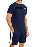 Marvmys Schlafanzug Herren Kurz Baumwolle Pyjamaset Herren Sommer Nightwear Pyjama Kurzarm mit Rundhalsausschnitt Oberteil und kurzer Schlafanzughose
