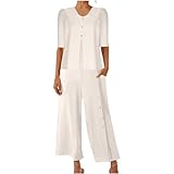 Zweiteiler Damen,Sommer Leinenanzug Lounge Set Kurzarm T-Shirts und Hose 2 Teiler Anzug Set Leinen Freizeitanzug Casual Hosenanzug Einfarbig Loungewear Sommer Outfits