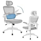 SEEDWAVE Ergonomischer Bürostuhl bis 150 kg, Schreibtischstuhl mit Adaptive Lendenstütze, Netzrücken, Verstellbarer Kopfstütze und Wippfunktion, Drehstuhl für langes Sitzen (Grauweiß)