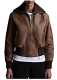 MERCH ATTIRE Hochwertige Damen-Bomberjacke aus Leder mit geripptem Saum und Lammfellkragen, Braun – Kunstleder, 4XL