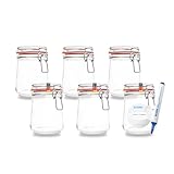 BAUER Flaschenbauer - 6-teiliges Set Drahtbügel-Vorratsgläser 800ml, geeignet als Einmach- und Fermentierglas, zur Aufbewahrung, zum Befüllen, Drahtbügelgläser Inklusive Etiketten - Made in Germany