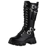 VAN HILL Damen Leicht Gefütterte Plateaustiefel Schnallen Stiefel Blockabsatz Schuhe Profilsohle Schnürer Plateau Vorne Boots 208906 Schwarz 37