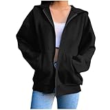 uxxnjfg Kapuzenpullover Damen Reißverschluss Fleece Hoodie Damen Oversize Baumwolle Zipper Große Größen Hoody Jacke Warm Winter Herbst Outfit 2025 Teenager Mädchen Trainingsjacke(Schwarz,M)