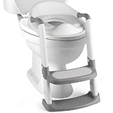 VOWNER Kinder Toilettensitz mit Treppe, Faltbar Töpfchen Toilettentrainer, Baby WC Sitz mit PU Gepolsterter und Armlehnen, Höhenverstellbar, Rutschfest, für Kleinkinder Jungen und Mädchen, Weiß Grau