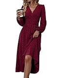 HUXRAKV Damen Elegant Kleid Langarm V-Ausschnitt Freizeitkleider A-Linie Blumenmuster Wickelkleid Herbst Winter Laternenärmeln Kleid Partykleid Abendkleider,37-Rot 1,M