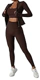 Belriviere Zweiteiliges Damen-Trainingsanzug-Set, langärmelig, Reißverschlussjacke mit sportlicher Leggings mit hoher Taille, Workout-Set, braun, S