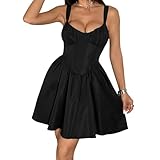 Felcia Damen Korsett Minikleid 2025 Weetheart Neck Spaghettiträger Korsett A-Linie kurzes Sommerkleid Midikleid, A-schwarz, S