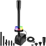 NATPOW Springbrunnenpumpe Aussen mit LED, RGB Teichpumpe für Miniteich, Aquariumpumpe mit 3 Wechselnden Farben, 3 Düsen, 800L/h 15W Gartenbrunnen Pumpe Klein für Gartenteich, Teich, Wasserfall