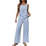 riou Gewand 2-teilige Sets für Damen, Outfits, ärmellose Sets, Oberteile mit quadratischem Ausschnitt, weites Bein, kurze Hosen, Urlaubs-Outfits Skianzug Damen Set (Light Blue, S)