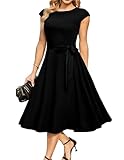DRESSTELLS Cocktailkleid Damen Schwarz Elegant 1950er Knielang Rockabilly Hochzeitkleid Vintage Swing Festlich Midilang Abendkleid Kurz Sommer Kleid Black L