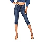 Nina Carter P132 Damen Capri Skinny Fit Jeanshosen HIGH Waist Jeans Used-Look Waschungseffekt, Dunkelblau (P132-1), S