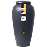 4rain Amphora Regentonne 220 Liter Graphitgrau – Regenamphore mit Auslaufhahn + Anschluss-Set – Frostsicherer Regenwassertank/Regenwassertonne – Wassertonne für Garten – Wasserfass Amphoren-Optik