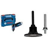 Bosch Professional 12V System Geradschleifer GWG 12V-50 S (bürstenloser Motor, hohes Drehmoment, Gasgebeschalter und 5 Drehzahlstufen, in L-BOXX) + 1x Stützteller mit R-Typ-Aufnahme (Ø 50 mm, Zubehör)