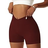 Vertvie Damen Gym Shorts V Cross Stretch Push Up Yoga Shorts Booty Scrunch Fitness Hosen Kurz High Waist Nahtlos Workout Sportshorts Butt Lift Kurze Leggings Sommer (Ziegelrot, S)