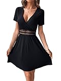 GORGLITTER Damen A-Linie Sommerkleid V-Ausschnitt Skaterkleid Elegant Freizeitkleid Shortkleid mit Spitzen Schwarz S