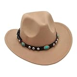 HDKAH Western Cowboyhut mit Gürtel, rosa gebogene Krempe, Filz, Panamakappe, Cowgirl, camel, Adults 55-58cm