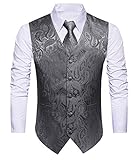 HISDERN Herren Paisley Hochzeitsweste Krawatte Einstecktuch Taschentuch Jacquard Weste Anzug Set Splitter Grau