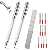 UESDU Anreissnadel Set, 2 Stück Wolframcarbid Stift mit 10 Stück Reißnadel Metall Ersatzspitzen und Stahllineal Anreißnadel Anreißwerkzeug für Glas, Keramik und Gehärteten
