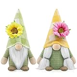 Godeufe 2er Set Sommer Wichtel Figuren Blume Frühling Dekoration Handgemachte Skandinavisches Tomte für Party Bauernhaus Home Tischdekoration (Gelb, Grün)