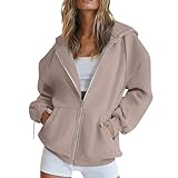 uxxnjfg Sweatjacke Damen Mit Kapuze Baumwolle Große Größen Hoodie Damen Oversize Reißverschluss Langarm Casual Hoody Trainingsjacke Vintage Winter Herbst Outfit 2025 Teenager Kapuzenjacke(Khaki,XL)