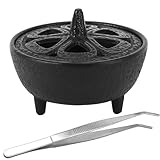 Weihrauchbrenner mit Lotusblüte Deckel, Gusseisen + Rostfreier Stahl Werkstoff, mit Einer Gebogenen Pinzette, Schwarz Klein, für Home Deko (9 × 9 × 5 cm)