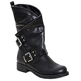 Toocool - Damen-Stiefel Biker Boots Motorradstiefel Schnallen SA9907, Schwarz - Schwarz - Größe: 39 EU