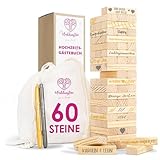 WeddingTree Holzturm als Gästebuch Hochzeit - Mit 60 Steinen, Aufbewahrungsbeutel und 2 Metallic Markern – Hochzeitsspiel als Gästebuch Alternative - Hochzeit Ideen