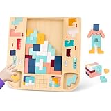 Glovios Montessori Spielzeug Gehirnspielzeug Holz Tetra Tower Spiel Tetris Tangram Kinder ab 3 4 5 Jahre 3D Logik IQ Spiel 3 in 1 Montessori Puzzle Holz Würfelpuzzle Geschenk für Kinder Jungen Mädchen