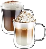 ecooe Doppelwandige Latte Macchiato Gläser Set Borosilikatglas Kaffeetassen Glas 2er Set 350ml Kaffeeglas Teegläser mit Henkel für Cappuccino,Tee,EIS,Milch,Bier