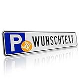 Betriebsausstattung24 Individuelles Parkplatzschild mit Wunschprägung/Wunschtext mit P-Symbol - BxH 52,0 x 11,0 cm - Autoschild Aluminium geprägt - mit/ohne Löcher