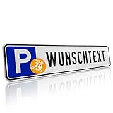 Betriebsausstattung24® Individuelles Parkplatzschild mit Wunschprägung/Wunschtext mit P-Symbol | BxH 52,0 x 11,0 cm | Autoschild Aluminium geprägt | mit/ohne Löcher weiß