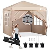 Sekey One-Touch Pop Up Pavillon 3x3 Wasserdicht Stabil Winterfest mit Seitenteile, Faltpavillon 3x3m mit Verdickten Röhren, Partyzelt Pavillion Klappbar für Camping Festival Party, Kahki