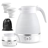 600ml Wasserkocher Faltbar, Silikon Tragbarer Wasserkessel mit 2 Faltbecher, Reisewasserkocher mit Edelstahlboden & Temperaturregelung, Mini Camping Wasserkocher für Outdoor Wandern Survival (Weiß)