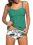 Aleumdr Tankini Damen Bauchweg Bademode Damen Bikini Set Zweiteilig Tankini Push up mit Shorts Tankinis für Damen Sport Badeanzug Damen Bikini Schwimmanzug Set Badeanzüge mit Bügel,Grün XL