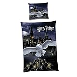 Familando Wende Bettwäsche-Set Harry Potter 135x200 80 x 80 cm · Kinderbettwäsche aus 100% Baumwolle · Eule Hedwig · Hogwarts · deutsche Größe · Sommer-Bettwäsche