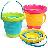 Anzmtosn 3L Sandburg Strandeimer Spielzeug 3 Set,Bunte Sand Strand Eimer für Kinder, Kleinkinder, draußen, Sandkasten, Sandburg förmiger Eimer mit Netztasche,Schnee, Hinterhof Kein Blue Yellow 3-Pack